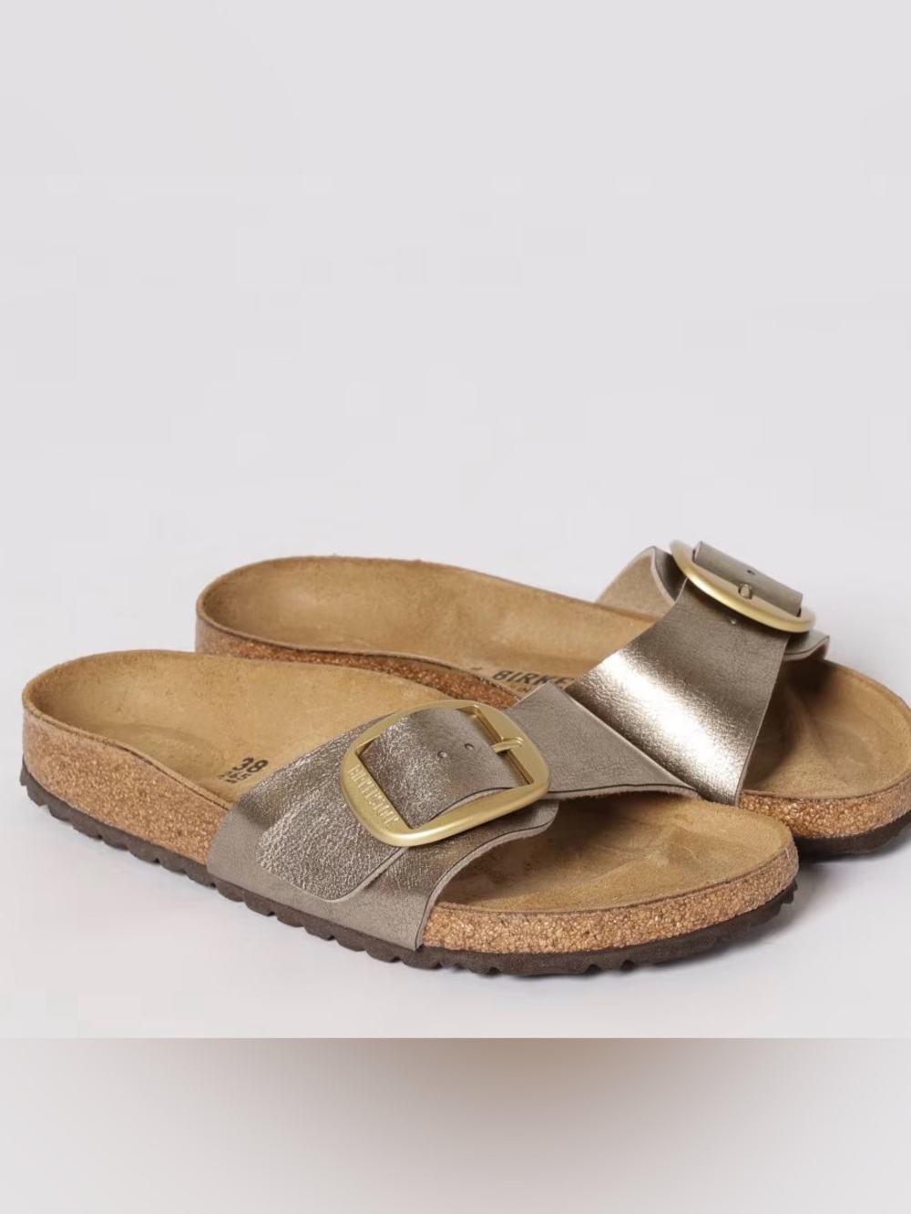 Birkenstock Madrid Single Strap Sandals in Graceful Taupe  with Gold Buckles